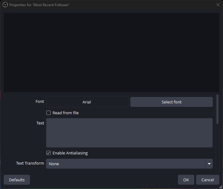 Text source setting in OBS
